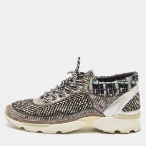 Chanel Multicolor Tweed Fabric And Leather CC Lace Up Sneakers Size 38.5