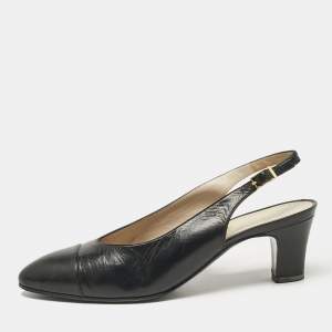 Chanel Black Leather Cap Toe Slingback Pumps Size 37.5