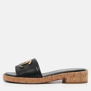 Chanel Black Leather CC Cork Slide Sandals Size 39