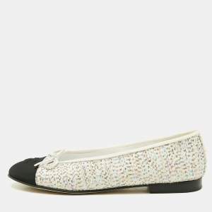 Chanel White/Black Canvas and Sequins CC Ballet Flats Size 40