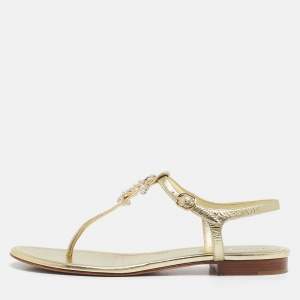 Chanel Gold Leather CC Pearl Embellished Flat Thong Sandals Size 39.5