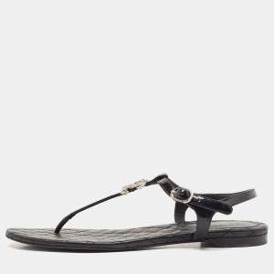 Chanel Black Patent and Leather CC Pearl Embellished Flat Thong Sandals Size 38