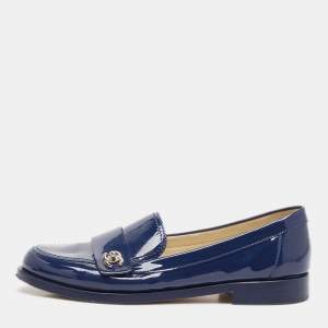 Chanel Blue Patent Leather CC Logo Slip On Loafers Size 38