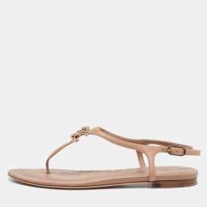 Chanel Brown Leather CC Thong Slingback Flat Sandals Size 37.5