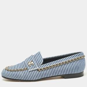 Pre Owned Chanel Blue Denim CC Chain CC Slip On Loafers Size 37