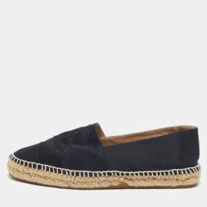 Pre Owned Chanel Black Satin CC Cap Toe Espadrille Flats Size 41
