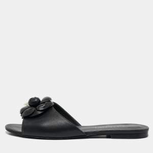 Pre Owned Chanel Black Leather Embellished CC Flat Slides Size 39.5