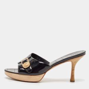 Chanel Vintage Black Patent Leather CC Wooden Platform Clogs Size 39