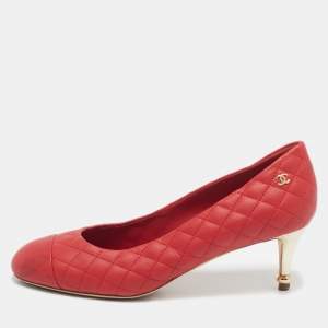Chanel Red Quilted Leather CC Cap Toe Pumps Size 38