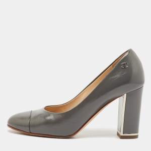 Chanel Grey Leather Cap Toe CC Block Heel Pumps Size 37