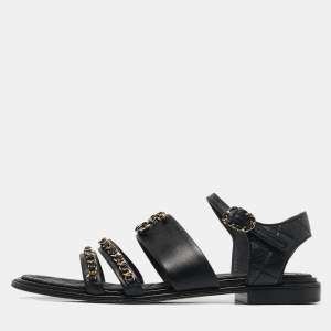 Chanel Black Leather Chain Detail Flat Sandals Size 38.5