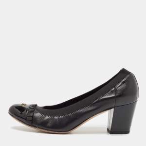 Chanel Black Leather and Patent Leather Scrunch Block Heel Pumps Size 37.5