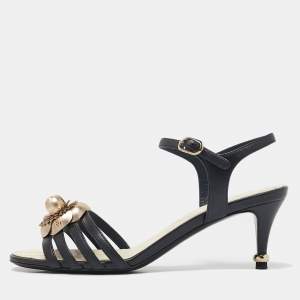 Chanel Black Leather Camellia Ankle Strap Sandals Size 37.5
