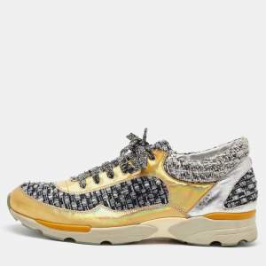 Chanel Gold/Grey Leather and Tweed CC Low Top Sneakers Size 41.5