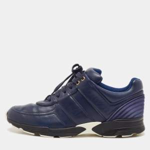 Pre Owned Chanel Blue Leather and Satin Lace Up Sneakers Size 42