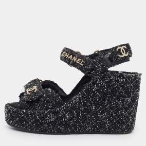 Chanel Black Quilted Tweed CC Platform Wedge Sandals Size 37
