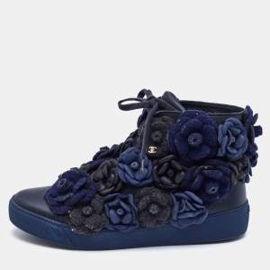 Chanel Black/Blue Leather CC Camellia High Top Sneakers Size 38