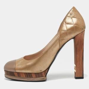 Chanel Metallic Gold/Bronze Quilted Leather CC Platform Pumps Size 38