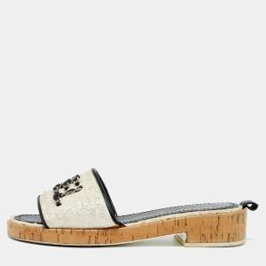 Pre Owned Chanel White Tweed Chain Detail Cork Slide Sandals Size 38.5