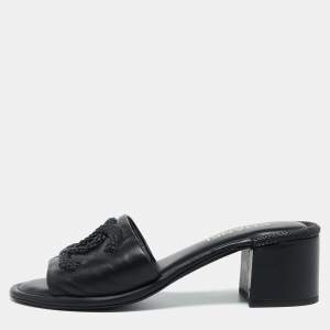 Chanel Black Leather Braided CC Slide Sandals Size 38.5