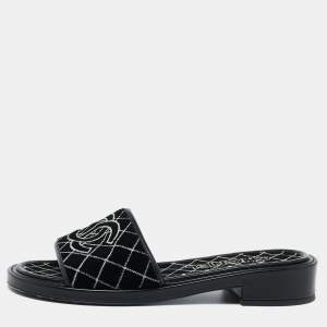 Chanel Black Velvet CC Slide Sandals Size 39