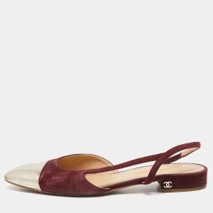 Chanel Gold/Burgundy Suede and Leather CC Slingback Flats Size 41