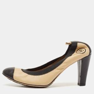 Chanel Beige/Black Leather Elastic Scrunch Pumps Size 38