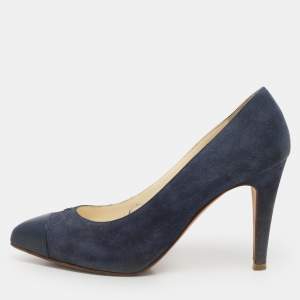 Chanel Blue Leather and Suede CC Cap Toe Pumps Size 38.5