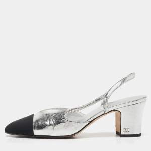 Chanel Silver/Black Canvas and Leather CC Slingback Pumps Size 37.5