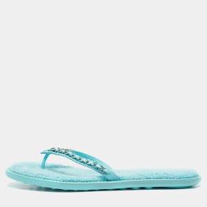 Chanel Light Blue Leather Chain Link Flat Thong Sandals Size 41