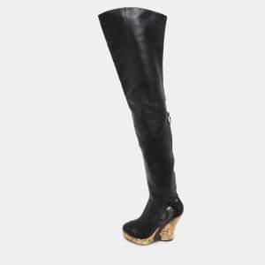 Chanel Black Leather Baroque Style Tall Boots Size 38.5