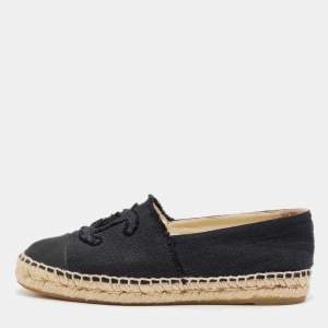 Pre Owned Chanel Black Canvas CC Cap Toe Espadrille Flats Size 37