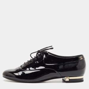 Chanel Black Patent Leather CC Lace Up Oxfords Size 38.5