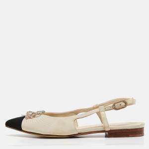 Chanel Beige/Black Canvas Cap Toe Slingback Flat Sandals Size 35.5