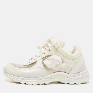 Chanel Off White Patent Leather and PVC CC Low Top Sneakers Size 36