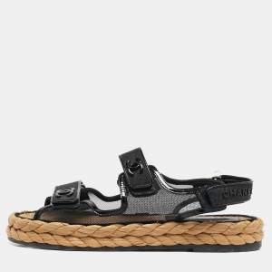 Chanel Black Mesh and Patent Leather Espadrille Dad Sandals Size 40