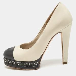 Pre Owned Chanel Beige/Black Leather CC Cap Toe Chain Link Platform Pumps Size 36