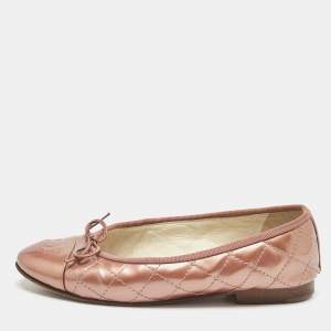 Chanel Rose Gold Patent Cap Toe CC Bow Ballet Flats Size 35.5
