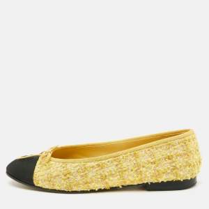 Chanel Yellow/Black Tweed and Canvas Bow CC Cap Toe Ballet Flats Size 39.5