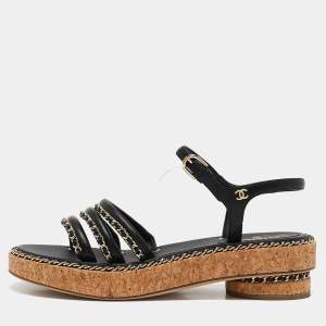 Chanel Black Leather Chain Detail Cork Sandals Size 39
