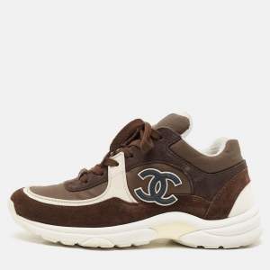Chanel Brown Suede and Canvas CC Low Top Sneakers Size 35.5