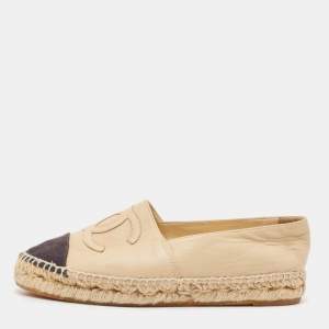 Chanel Beige/Black Leather and Fabric CC Cap Toe Espadrille Flats Size 36