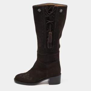 Chanel Dark Brown Suede Embroidered Tassel Calf Length Boots Size 37.5