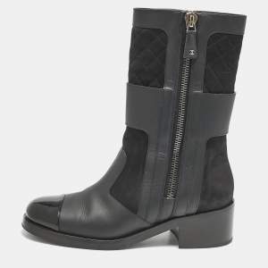 Chanel Black Leather CC Zipper Detail Moto Boots Size 39 