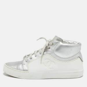 Chanel White/Silver Leather and Rubber High Top Sneakers Size 38