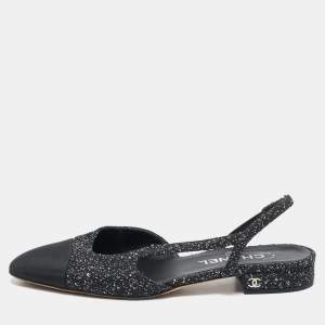 Chanel White/Black Tweed and Canvas CC Toe Slingback Sandals Size 38.5