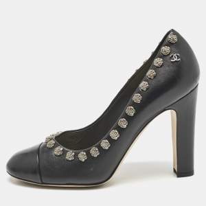 Chanel Black Leather CC Camelia Stud Cap Toe Pumps Size 38