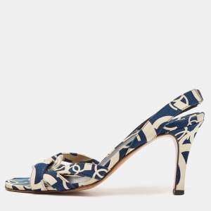 Chanel Blue/White Printed Canvas Slingback Sandals Size 39.5