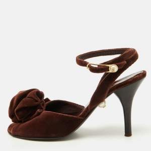 Chanel Dark Brown Velvet Ankle Strap Sandals Size 36.5