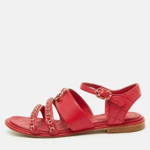 Chanel Red Leather CC Chain Detail Ankle Strap Flat Sandals Size 39.5